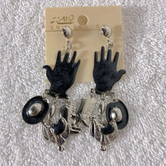 Vintage Black Silver Tone Metal Cowboy Hat Cowboy Boots Saddle Hand Earrings - Picture 1 of 7